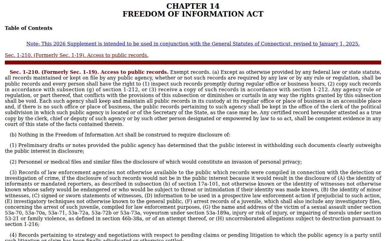 City of Milford City Clerk Connecticut FOIA public records statutes