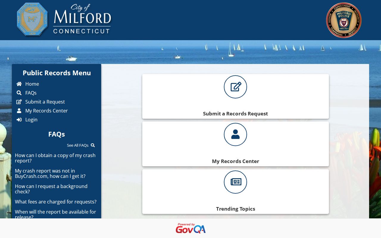 City of Milford arrest records GovQA police records request portal