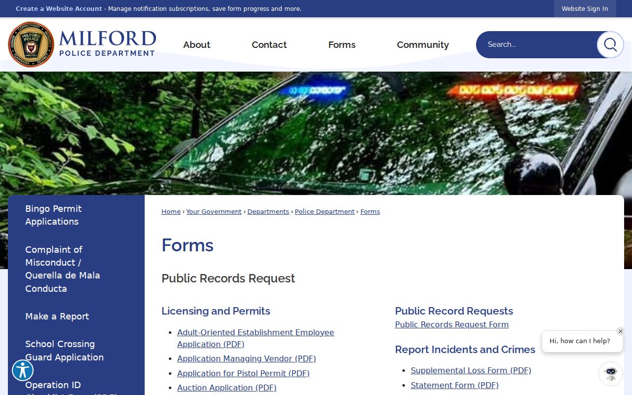 City of Milford arrest records police forms and report request links