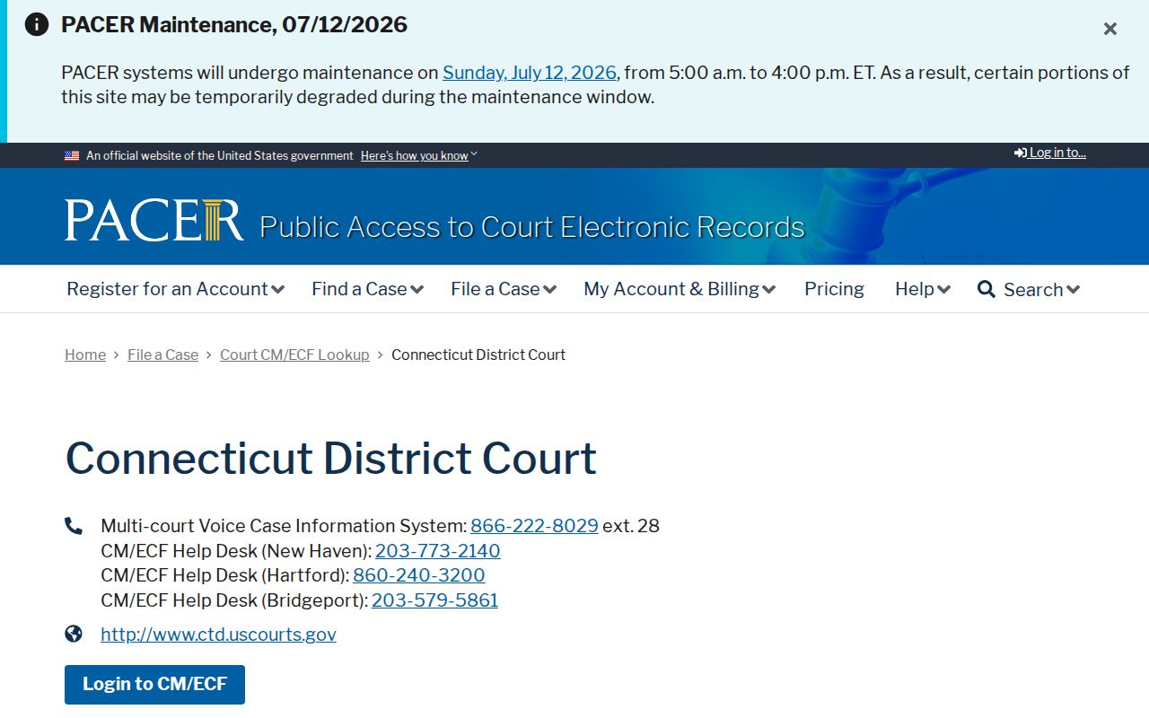 Milford court records PACER CM ECF lookup for federal District of Connecticut cases