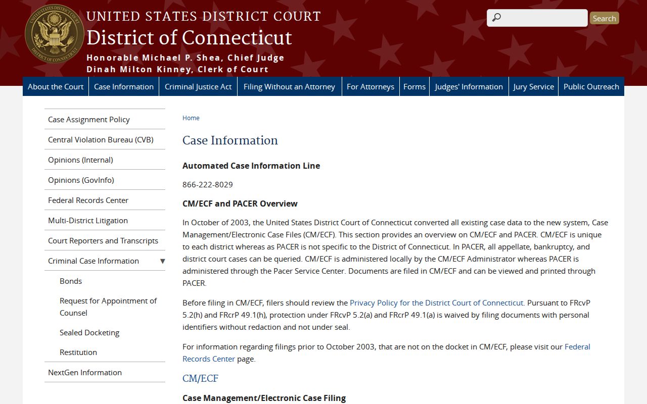 Milford Superior Court page federal District of Connecticut case information