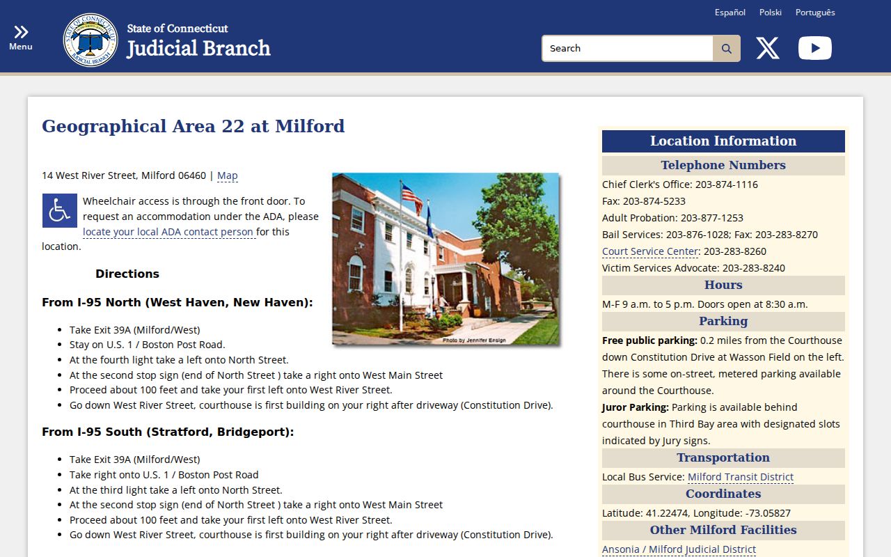 Milford Superior Court Geographical Area 22 courthouse listing