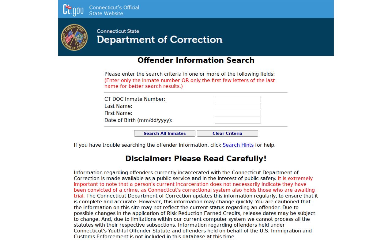 Milford inmate records Connecticut DOC inmate information search