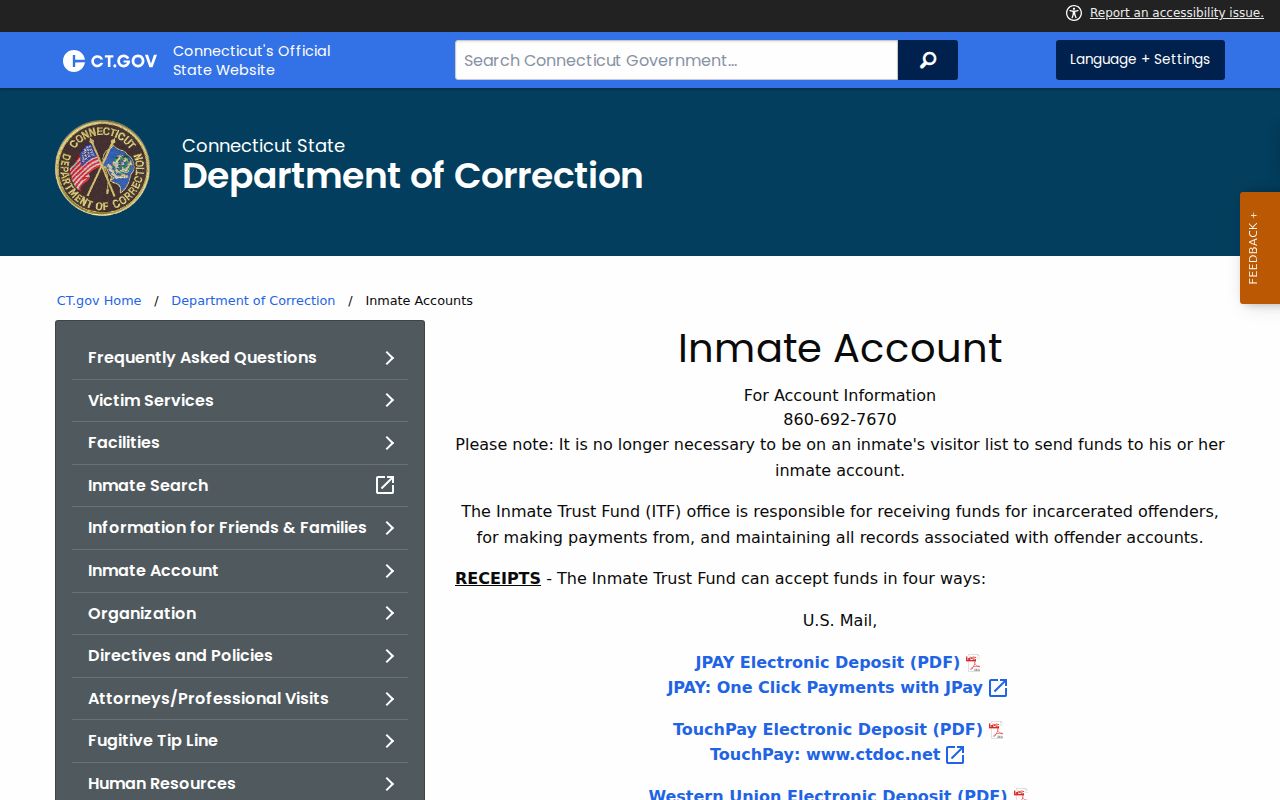 Milford inmate records DOC inmate account deposit instructions