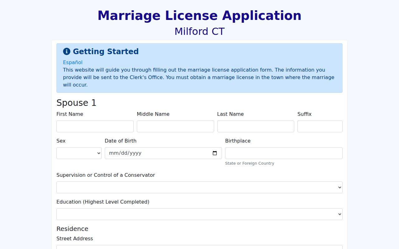 Milford marriage and divorce records IQS marriage application